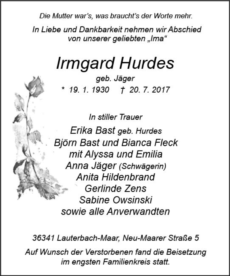  Traueranzeige für Irmgard Hurdes vom 29.07.2017 aus VRM Trauer