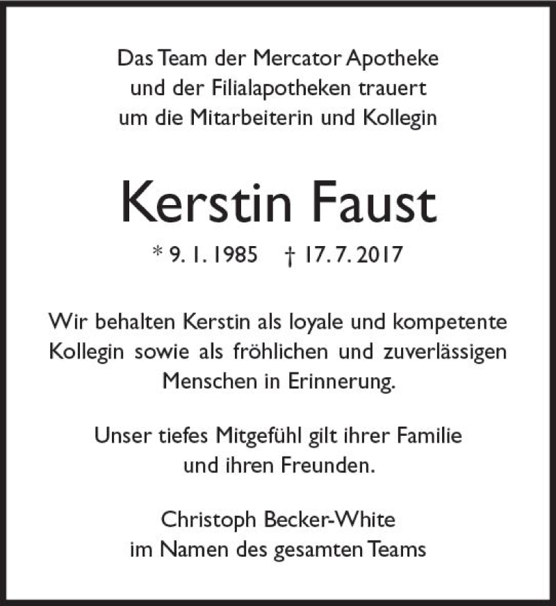  Traueranzeige für Kerstin Faust vom 29.07.2017 aus Trauerportal Rhein Main Presse