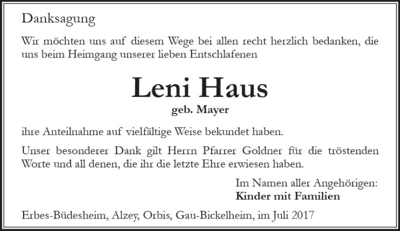  Traueranzeige für Leni Haus vom 29.07.2017 aus Trauerportal Rhein Main Presse