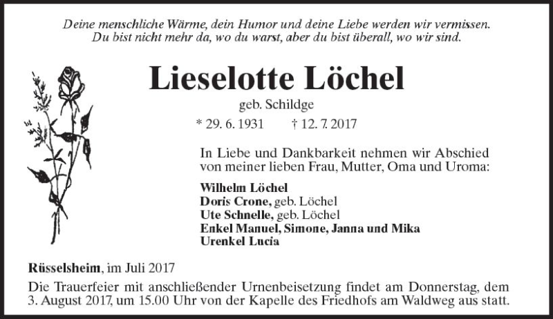  Traueranzeige für Lieselotte Löchel vom 29.07.2017 aus Trauerportal Rhein Main Presse