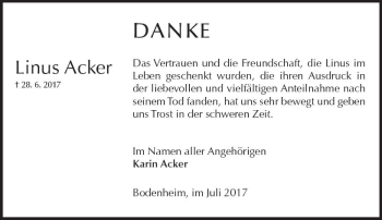 Traueranzeige von Linus Acker von Trauerportal Rhein Main Presse