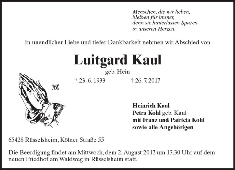  Traueranzeige für Luitgard Kaul vom 29.07.2017 aus Trauerportal Rhein Main Presse