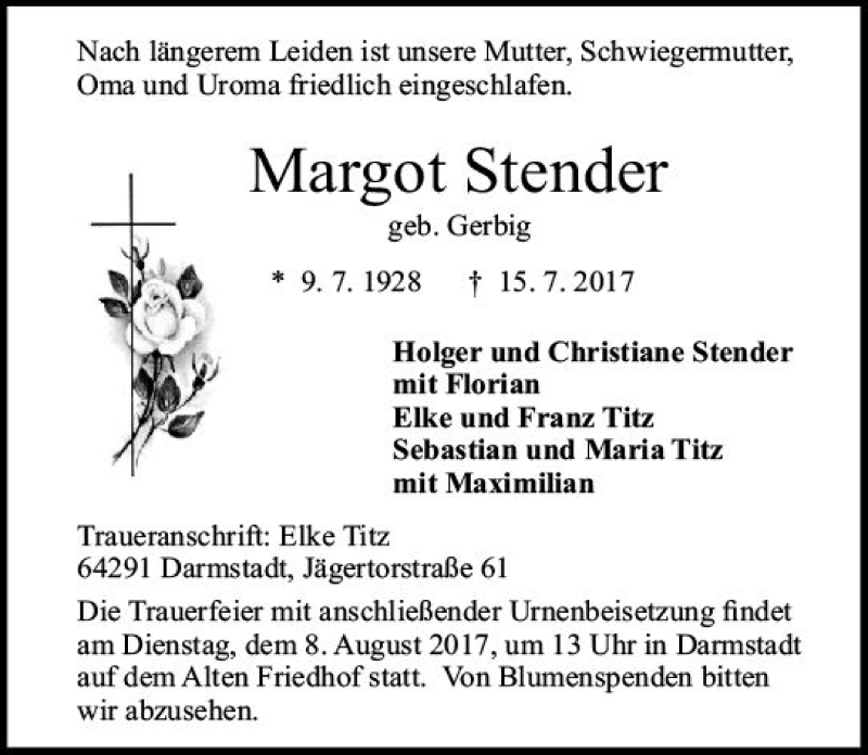  Traueranzeige für Margot Stender vom 29.07.2017 aus Trauerportal Echo Online