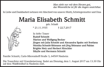 Traueranzeige von Maria Elisabeth Schmitt von Trauerportal Rhein Main Presse