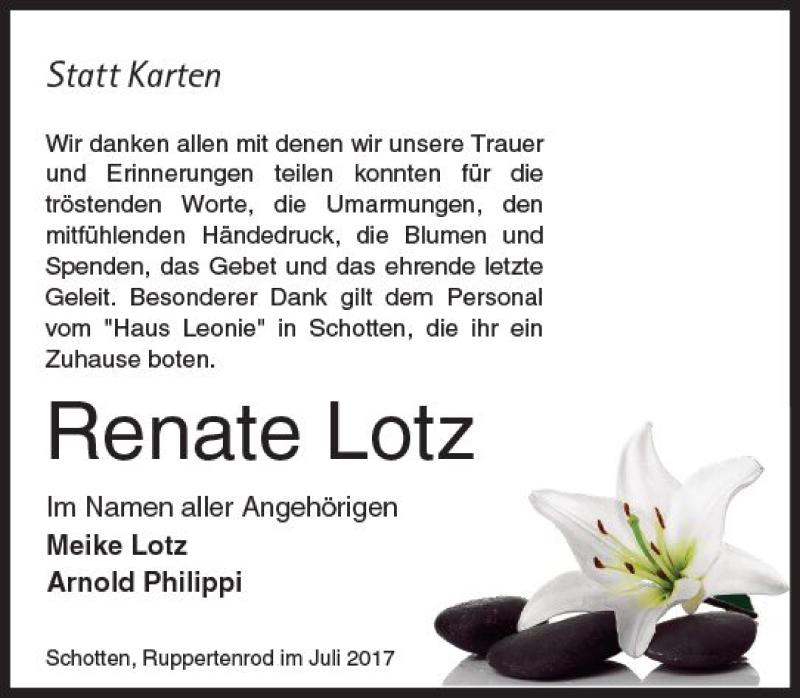  Traueranzeige für Renate Lotz vom 29.07.2017 aus  Gießener Anzeiger