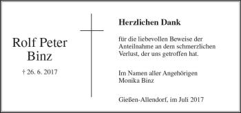 Traueranzeige von Rolf Peter Binz von  Gießener Anzeiger