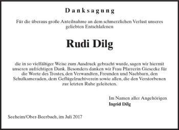 Traueranzeige von Rudi Dilg von Trauerportal Echo Online