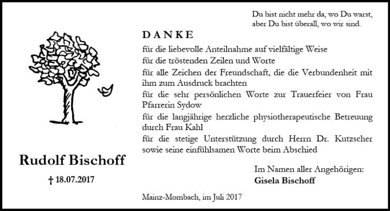  Traueranzeige für Rudolf Bischoff vom 29.07.2017 aus Trauerportal Rhein Main Presse