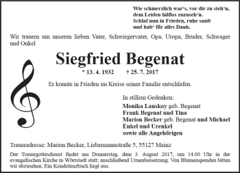 Traueranzeige von Siegfried Begenat von Trauerportal Rhein Main Presse