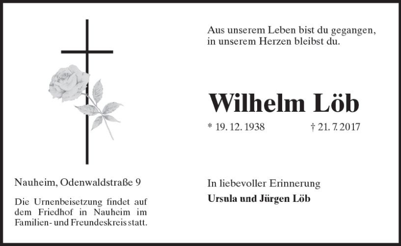  Traueranzeige für Wilhelm Löb vom 29.07.2017 aus Trauerportal Echo Online