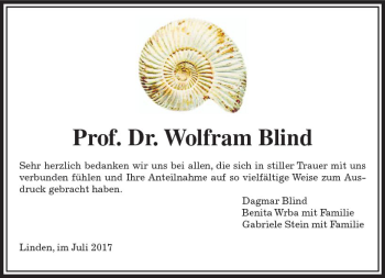 Traueranzeige von Wolfram Blind von  Gießener Anzeiger