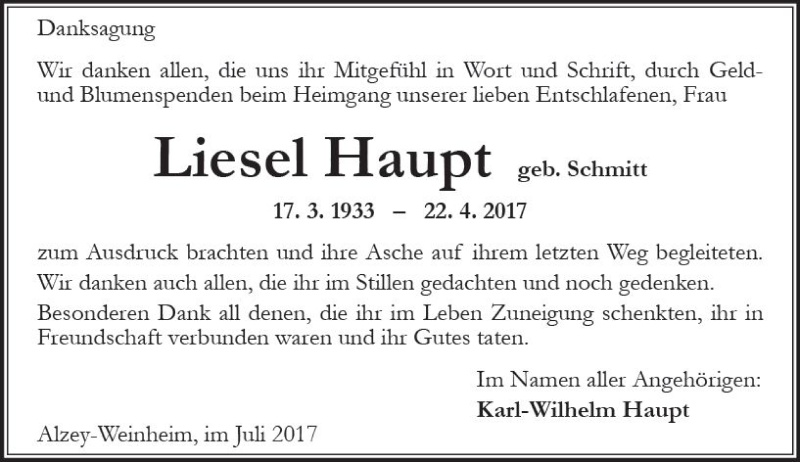  Traueranzeige für Liesel Haupt vom 01.07.2017 aus Trauerportal Rhein Main Presse