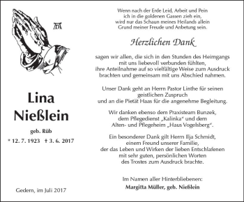 Traueranzeige von Lina Nießlein von  Kreisanzeiger