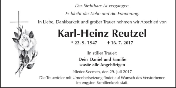 Traueranzeige von Karl-Heinz Reutzel von  Kreisanzeiger