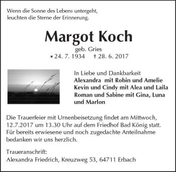 Traueranzeige von Margot Koch von Trauerportal Echo Online