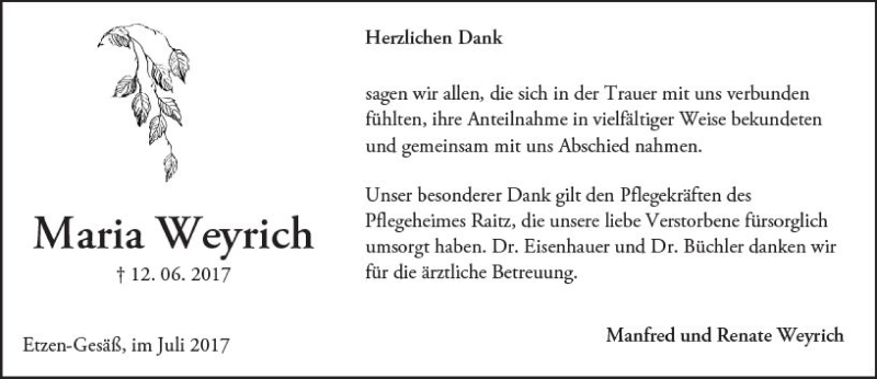  Traueranzeige für Maria Weyrich vom 08.07.2017 aus Trauerportal Echo Online