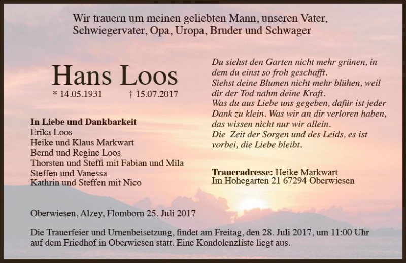  Traueranzeige für Hans Loos vom 25.07.2017 aus Trauerportal Rhein Main Presse