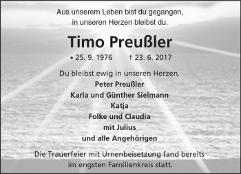 Traueranzeige von Timo Preußler von Trauerportal Echo Online