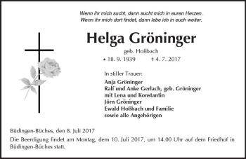 Traueranzeige von Helga Gröninger von  Kreisanzeiger