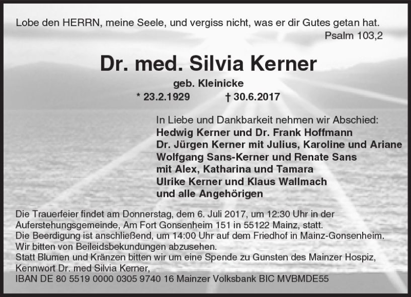  Traueranzeige für Silvia Kerner vom 04.07.2017 aus Trauerportal Rhein Main Presse
