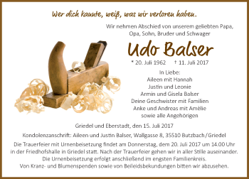 Traueranzeige von Udo Balser von  Gießener Anzeiger
