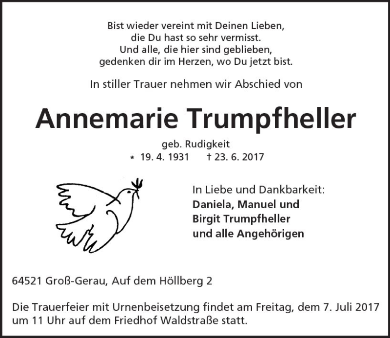  Traueranzeige für Annemarie Trumpfheller vom 01.07.2017 aus Trauerportal Echo Online