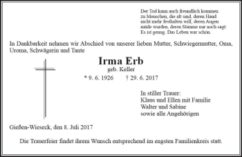 Traueranzeige von Irma Erb von  Gießener Anzeiger