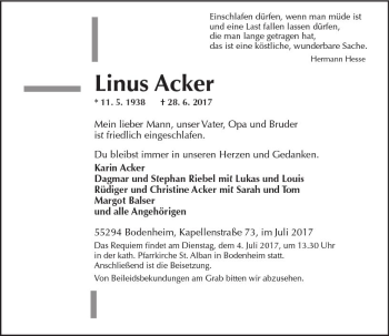 Traueranzeige von Linus Acker von Trauerportal Rhein Main Presse