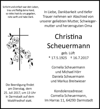 Traueranzeige von Christina Scheuermann von Trauerportal Echo Online