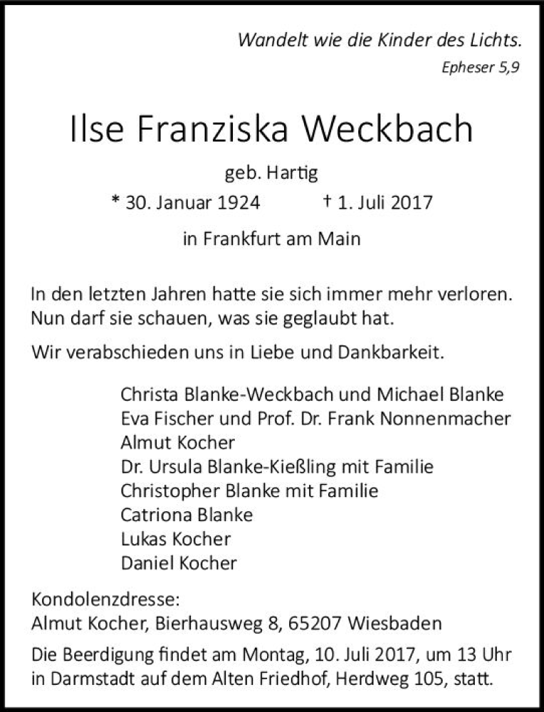  Traueranzeige für Ilse Franziska Weckbach vom 05.07.2017 aus Trauerportal Echo Online