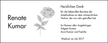 Traueranzeige von Renate Kumar von  Usinger Anzeiger