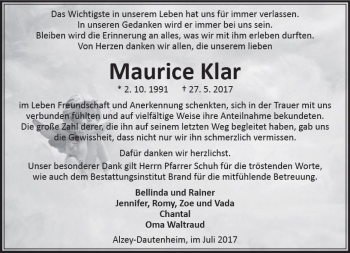 Traueranzeige von Maurice Klar von Trauerportal Rhein Main Presse