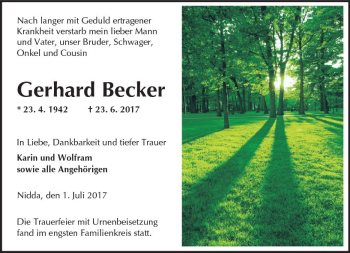 Traueranzeige von Gerhard Becker von  Kreisanzeiger