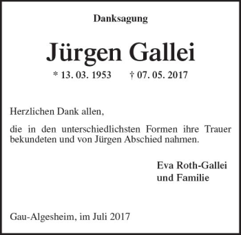 Traueranzeige von Jürgen Gallei von Trauerportal Rhein Main Presse