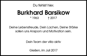 Traueranzeige von Burkhard Barsikow von  Gießener Anzeiger