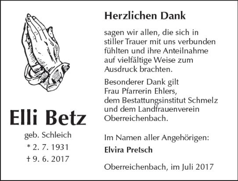  Traueranzeige für Elli Betz vom 22.07.2017 aus  Kreisanzeiger
