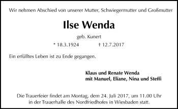 Traueranzeige von Ilse Wenda von Trauerportal Rhein Main Presse