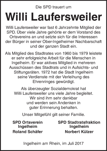 Traueranzeige von Willi Laufersweiler von Trauerportal Rhein Main Presse