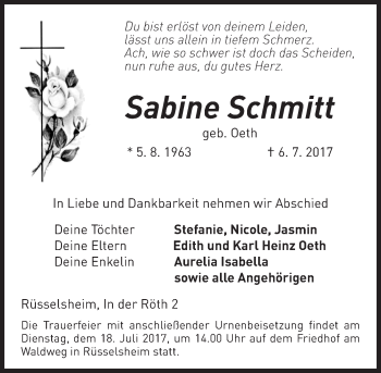 Traueranzeige von Sabine Schmitt von Trauerportal Rhein Main Presse