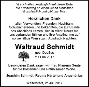 Traueranzeige von Waltraud Schmidt von Trauerportal Echo Online