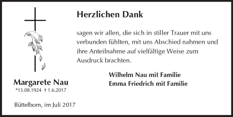  Traueranzeige für Margarete Nau vom 01.07.2017 aus Trauerportal Echo Online