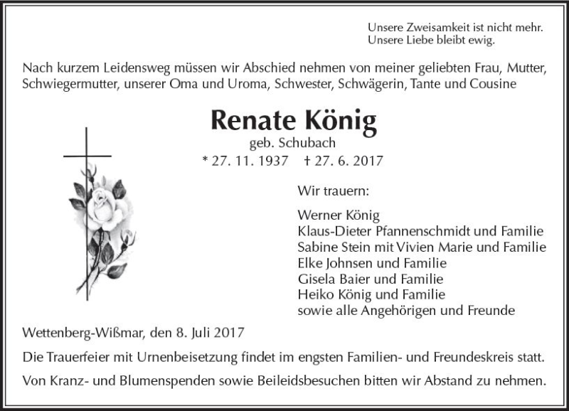  Traueranzeige für Renate König vom 08.07.2017 aus  Gießener Anzeiger