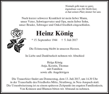 Traueranzeige von Heinz König von  Usinger Anzeiger