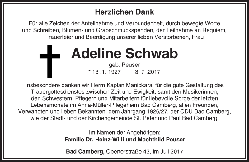  Traueranzeige für Adeline Schwab vom 20.07.2017 aus  Camberger Anzeiger