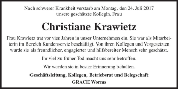 Traueranzeige von Christiane Krawietz von Trauerportal Rhein Main Presse