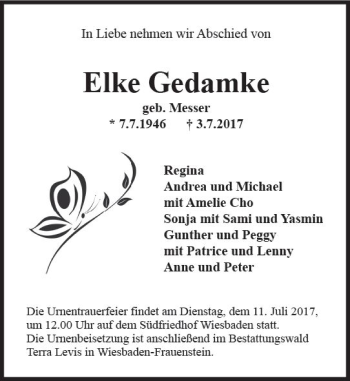 Traueranzeige von Elke Gedamke von Trauerportal Rhein Main Presse