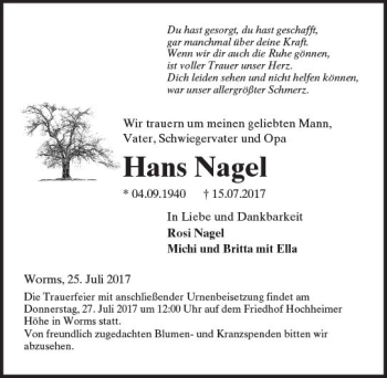 Traueranzeige von Hans Nagel von Trauerportal Rhein Main Presse