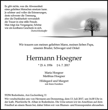 Traueranzeige von Hermann Hoegner von Trauerportal Rhein Main Presse