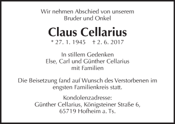 Traueranzeige von Claus Cellarius von  Kreisanzeiger