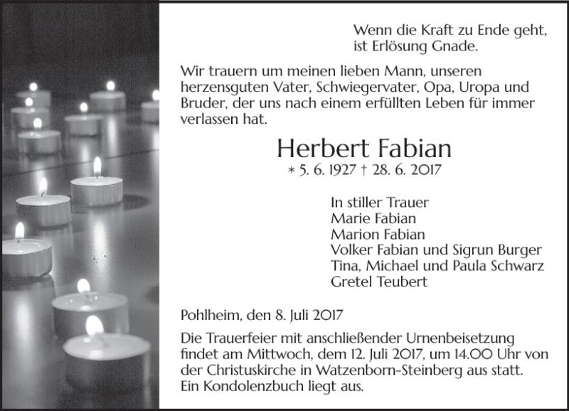  Traueranzeige für Herbert Fabian vom 08.07.2017 aus  Gießener Anzeiger